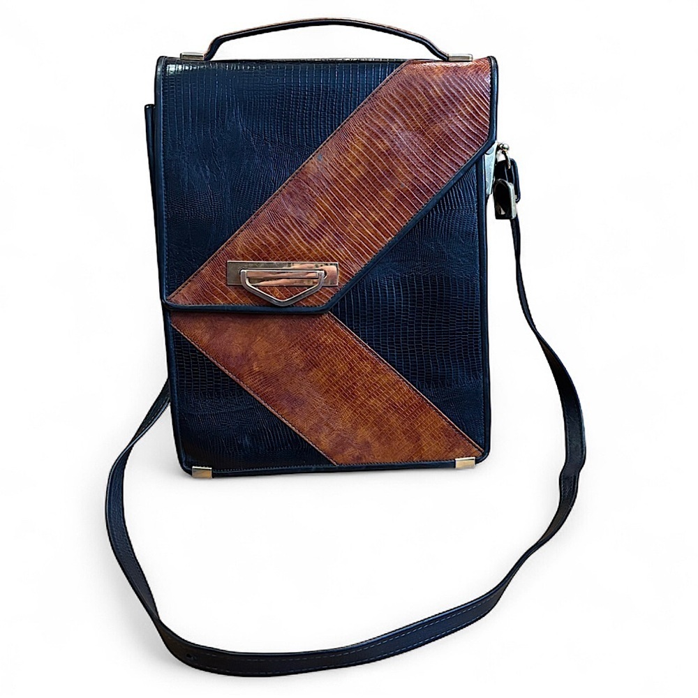 Vintage Faux Leather Mod Geometric Crossbody Bag Black Brown 70s MCM Style